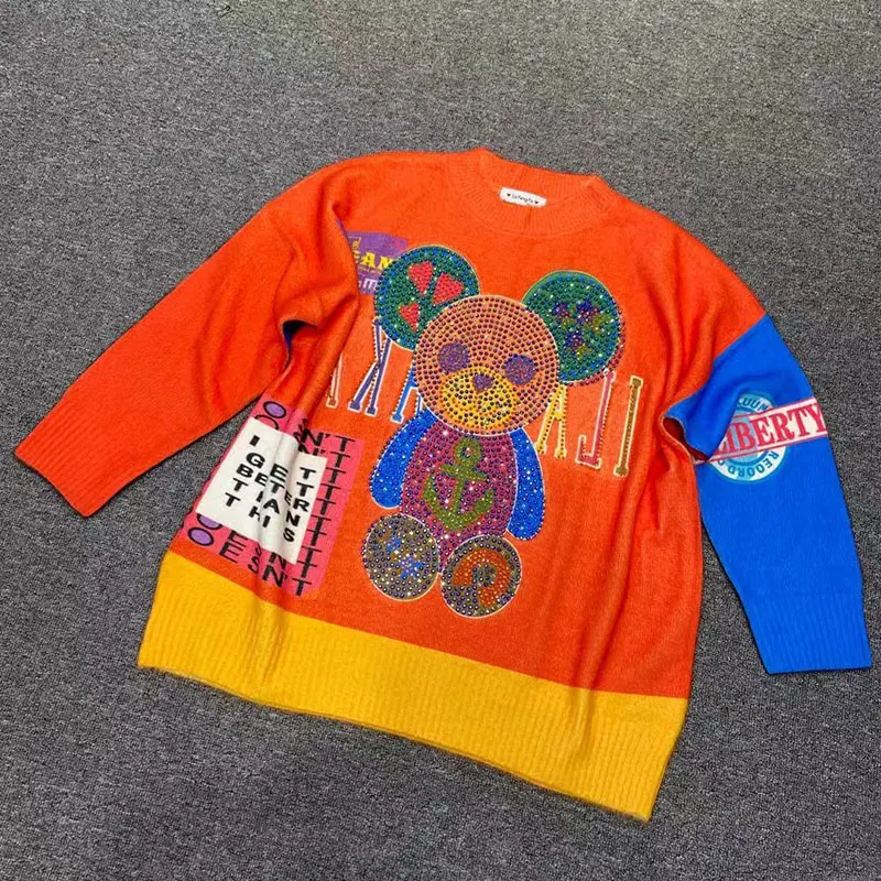 

Winter Cartoon Bear Loose Diamond Sweater for Women Imitation Mink Fur Pullover 4 Colors