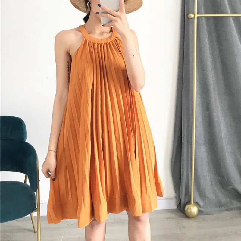 LANMREM однотонное Плиссированное женское платье без рукавов с висячим вырезом на