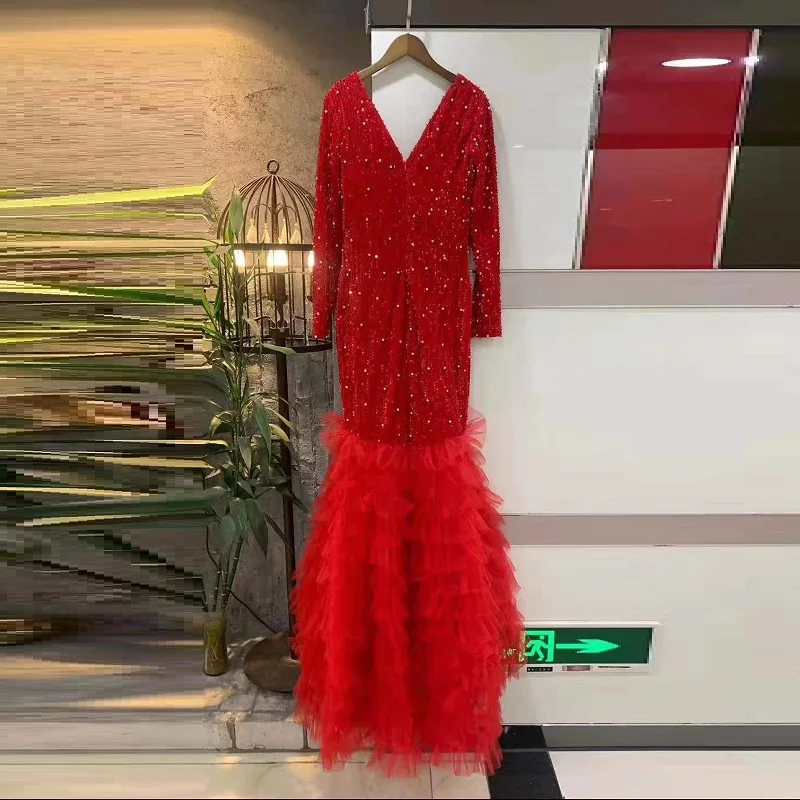 Женское длинное вечернее платье с юбкой годе красное элегантное макси длинным