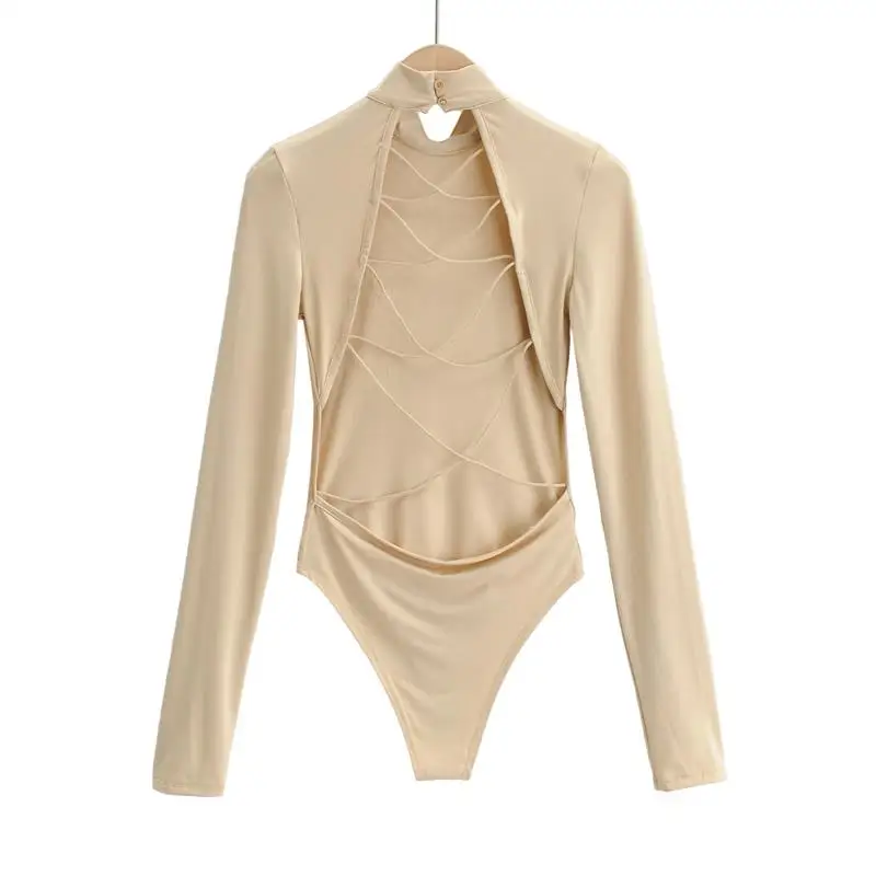 

2021 spring new cross-tie halter one-piece sexy long-sleeved T-shirt women fashion temperament young shorts trend Solid Cotton