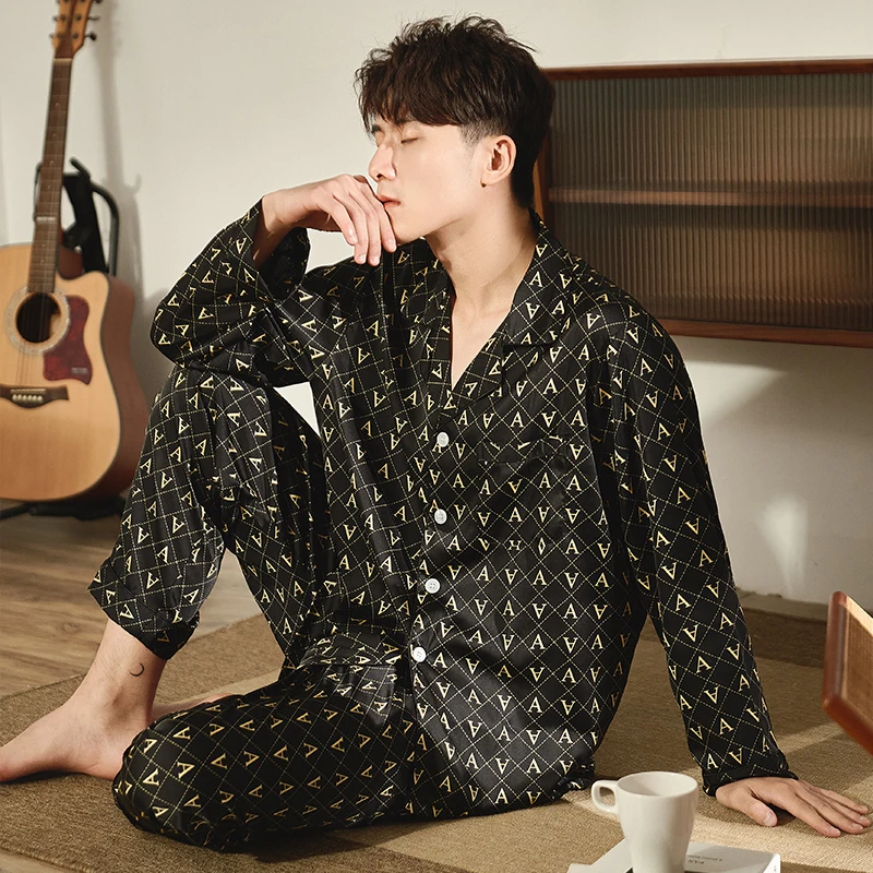 YAO TING Men's Pajamas Spring/Summer Satin Chiffon Long Sleeve Pantsuit Thin Print Home Wear