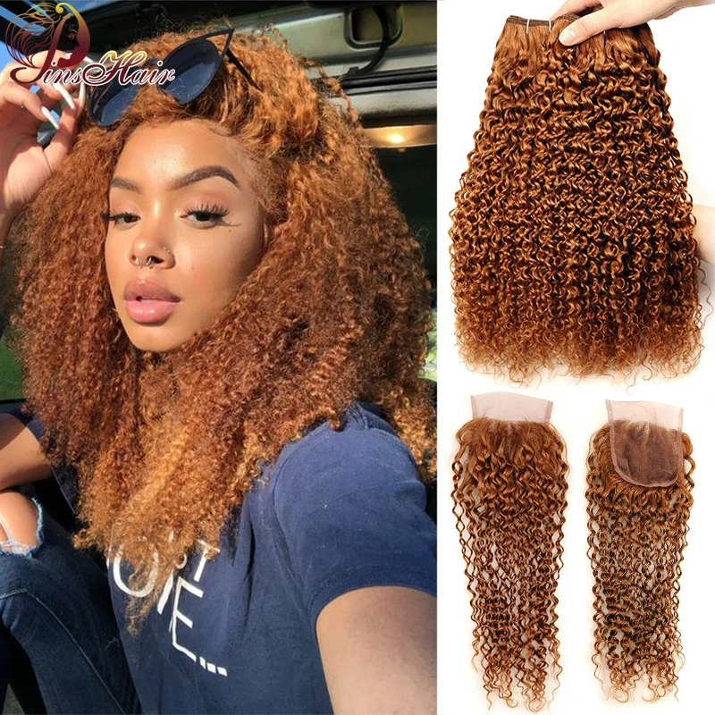 Pinshair блонд цвет 30 кудрявые вьющиеся пряди с закрытием человеческие волосы пряди с закрытием не Реми бразильские вплетаемые пряди
