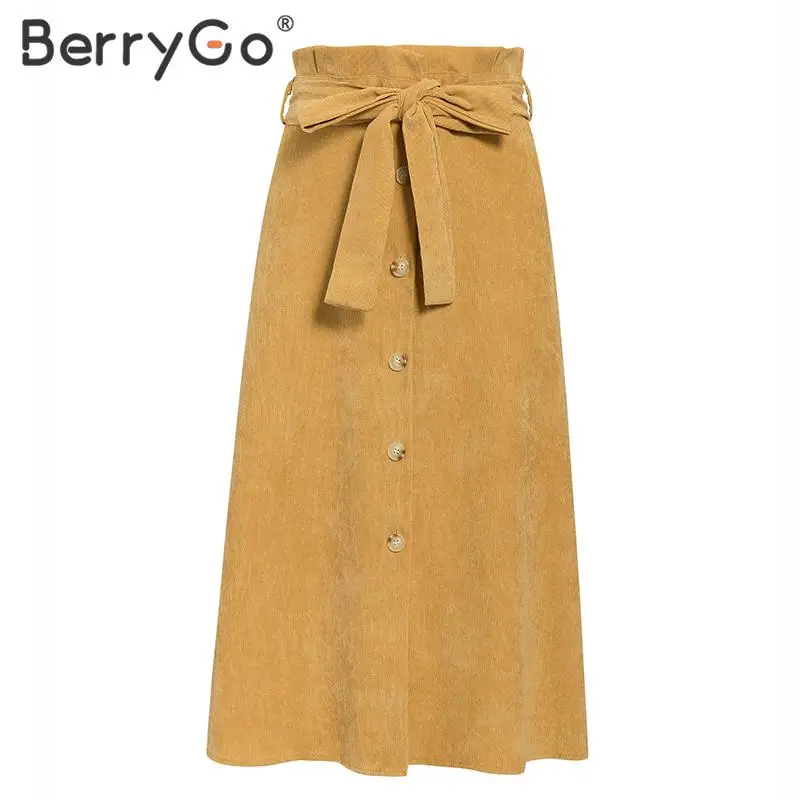 Женская Вельветовая юбка-трапеция BerryGo винтажная Юбка-миди с поясом и высокой