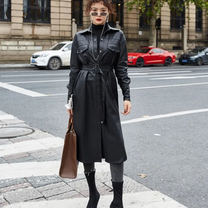

Autumn New Women Military Style Long Pu Leather Trench Coat Fashion Ladies Belted Windbreaker Single Breasted Outerwear Trench