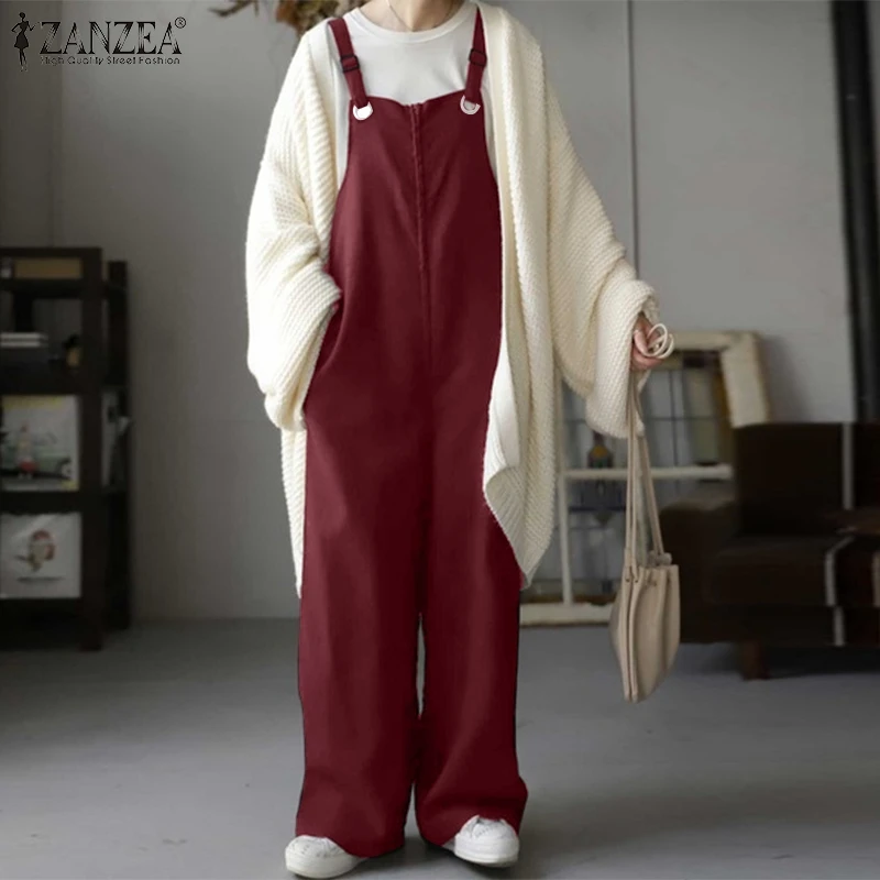 

Комбинезон ZANZEA женский однотонный с широкими штанинами, повседневный длинный модный Ромпер без рукавов, винтажный хлопковый комбинезон, ос...