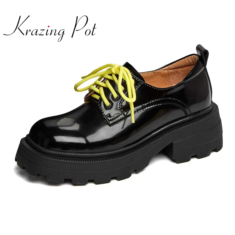 

Krazing Pot 2022 basic split leather round toe high heels classic colors young lady daily wear leisure lace up women pumps L10