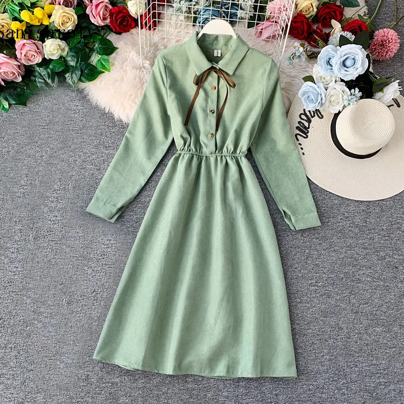 

Женское вельветовое платье Sanishroly, винтажное длинное платье с длинным рукавом и бантом, Осень-зима рубашка трапециевидного силуэта, SE798