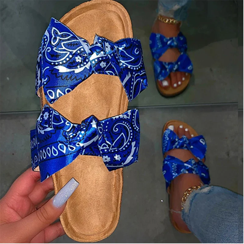 

Bandana Slides for Women 2020 Slippers Cow Bow Slides Tie Dye Sandals Rainbow Summer Graffiti Flast Footwear Wholesale Dropship