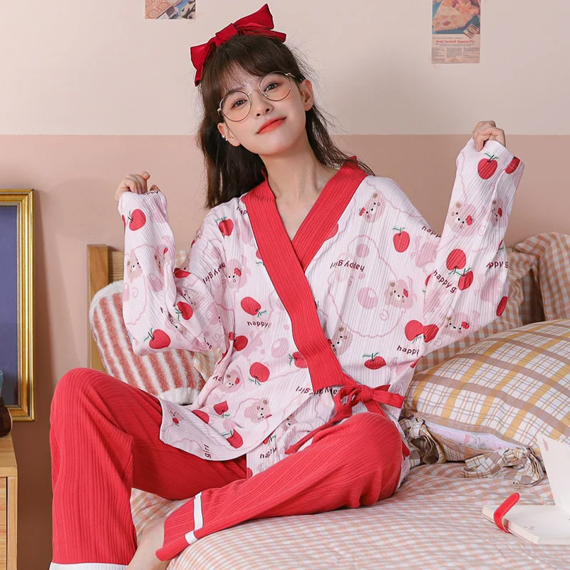 Kimono Pajama Set Women's Cardigan V-neck Long Sleeve Sleepwear Japan Style Fashion Comfortable Home Service pijama mujer spring