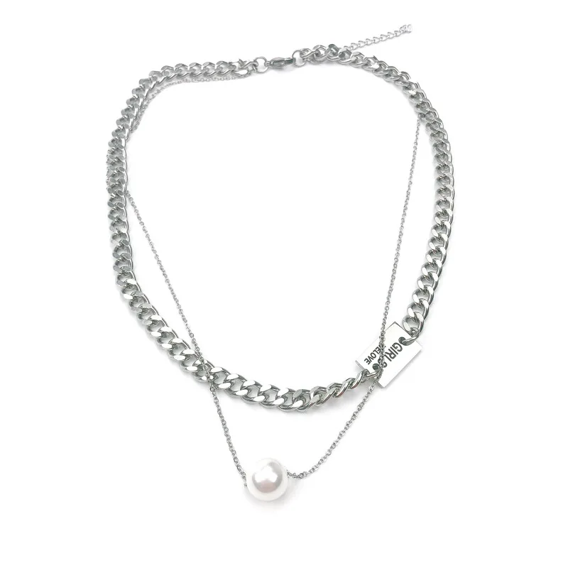 

Vintage Silver Color Double Layer Titanium Steel Chain Chokers Trendy Hip hop bijoux Imitation Pearl Pendant Necklace for women