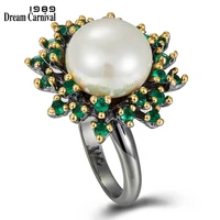 dreamcarnival1989 blossoming flower rings for women promise wedding unique green zircon white pearl elegant wife gift wa11719