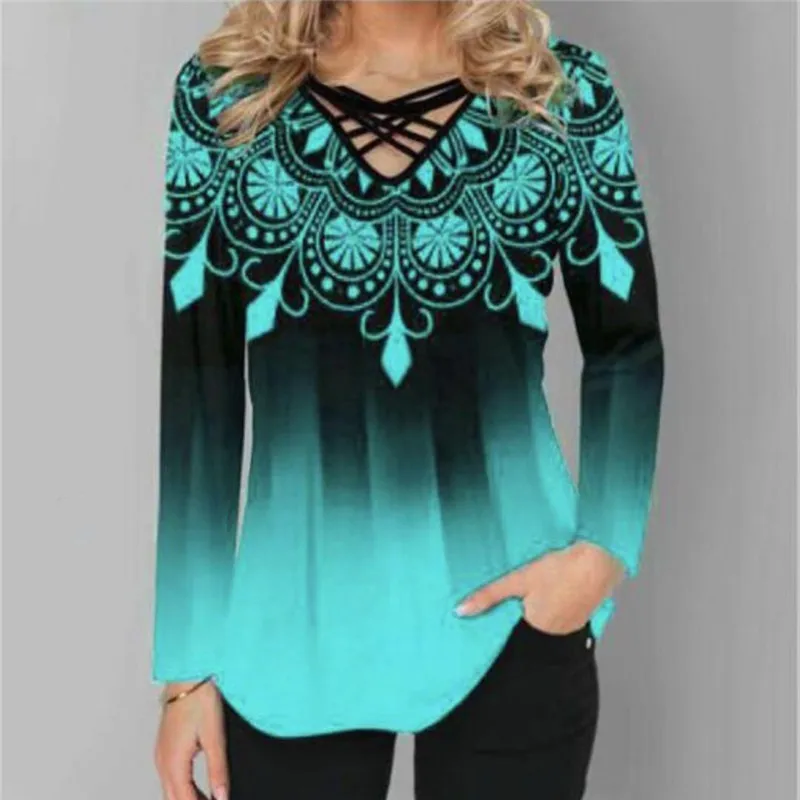 

Oversized Spring Women Blouses Long Sleeve Gradient Element Print Shirts Casual Cross V-Neck Ladies Tops Plus Size 4XL 5XL 2021