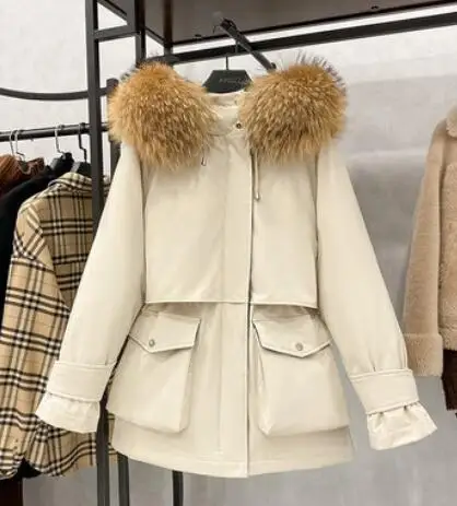 

Large Natural Raccoon Fox Fur Hooded Winter Down Coat Women 90% White Duck Down Jacket Thick Warm Parkas Female Outerwear 2021