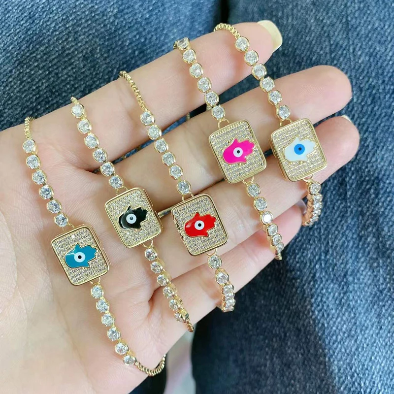

5Pcs/Lot High Quality Pretty Connector Zircon Circle Enamel Hamsa Hand Adjust Bracelets