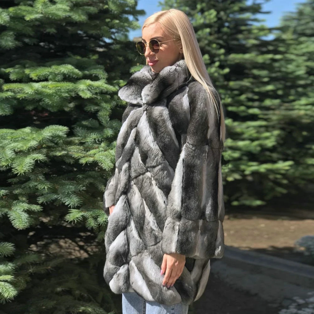 Fashion Long Real Fur Coat for Women Winter Outwear 2022 New Stand Collar Chinchilla Color Natural Rex Rabbit Fur Coats Genuine enlarge