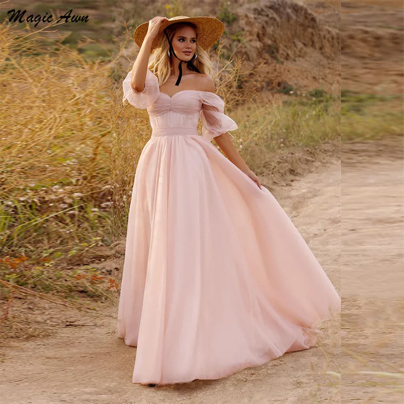 

Magic Awn Country Pink Wedding Dresses Off The Shoulder Soft Tulle Boho Wedding Party Gowns Short Sleeves Simple Vestidos Novia