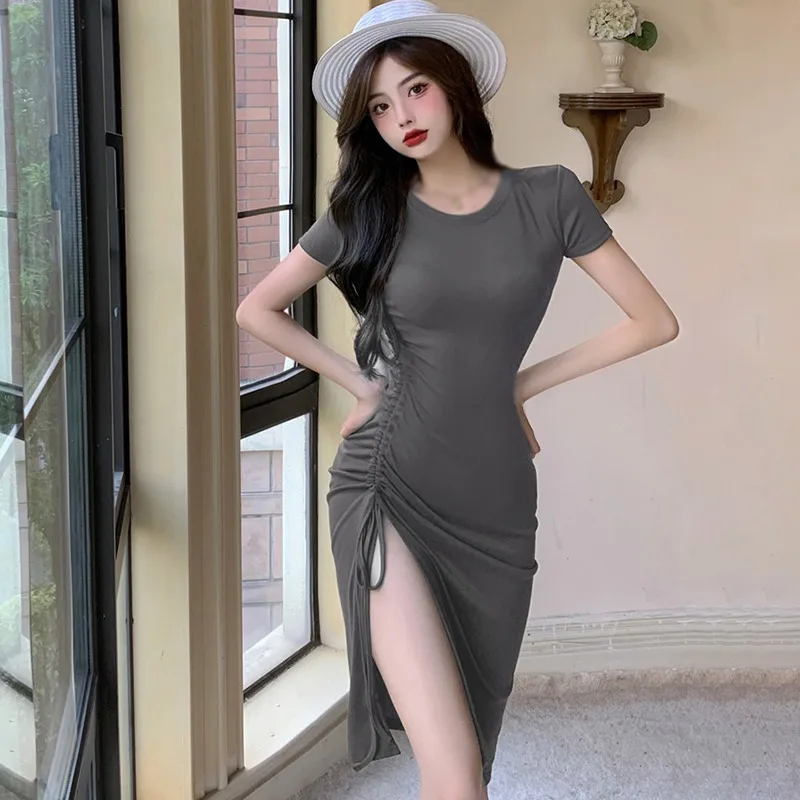 

Women Summer Dress Ladeis Sexy Slim Bag Hip Dresses Fashion Drawstring Slit Dress