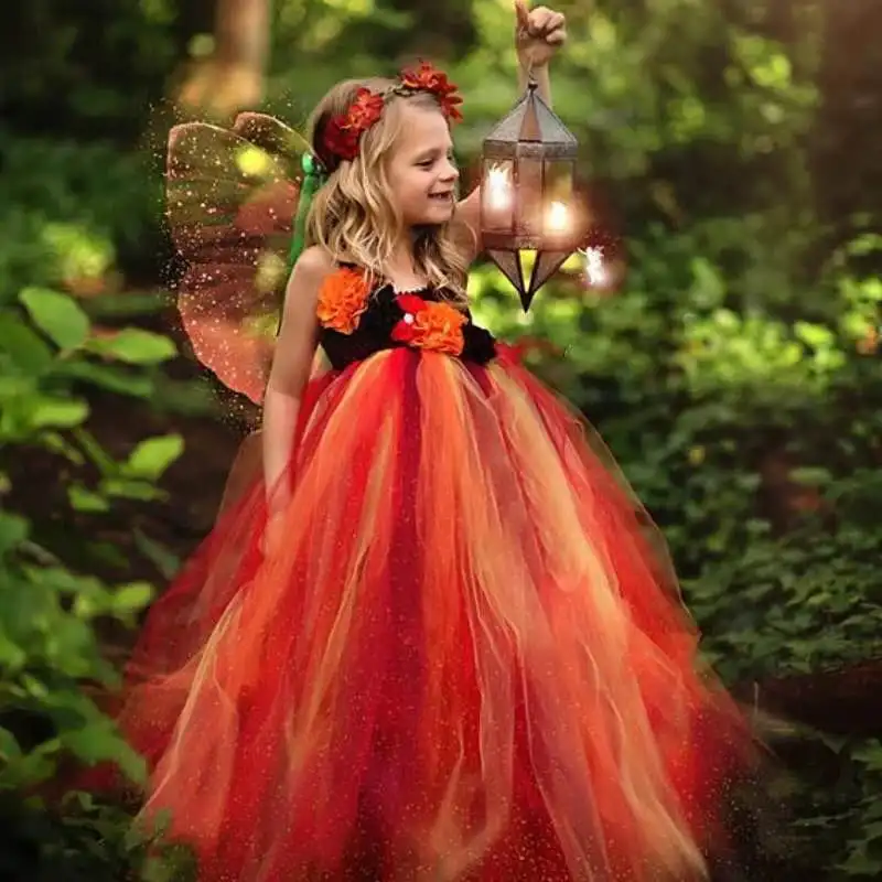 

Cute Girls Orange Fairy Tutu Dress Kids Halloween Tulle Dress Ball Gown with Butterfly Wing Children Cosplay Costume Party Dress