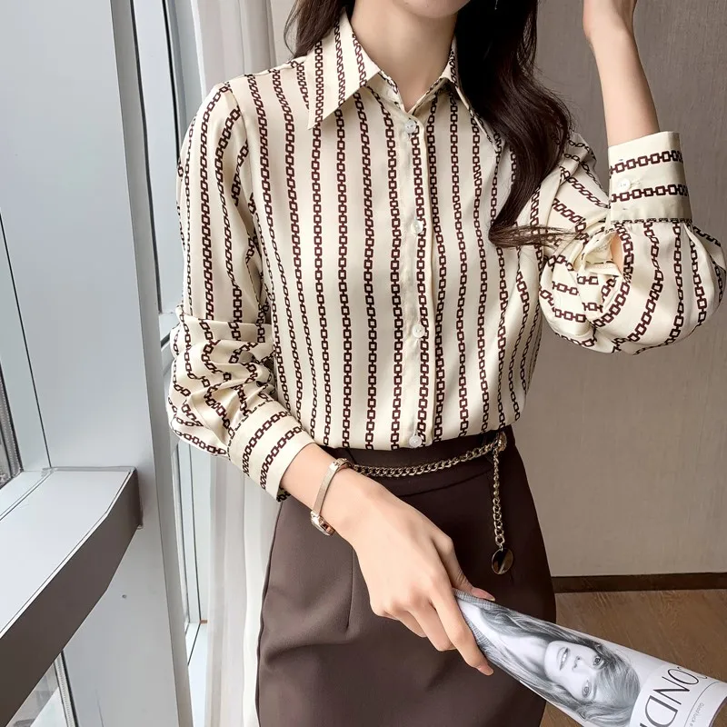 

Houthion Women's Blouse Chiffon Top Stripe Splicing Long Sleeve Polo Shirt 2021 Chain Printing Korean Casual Fashion New