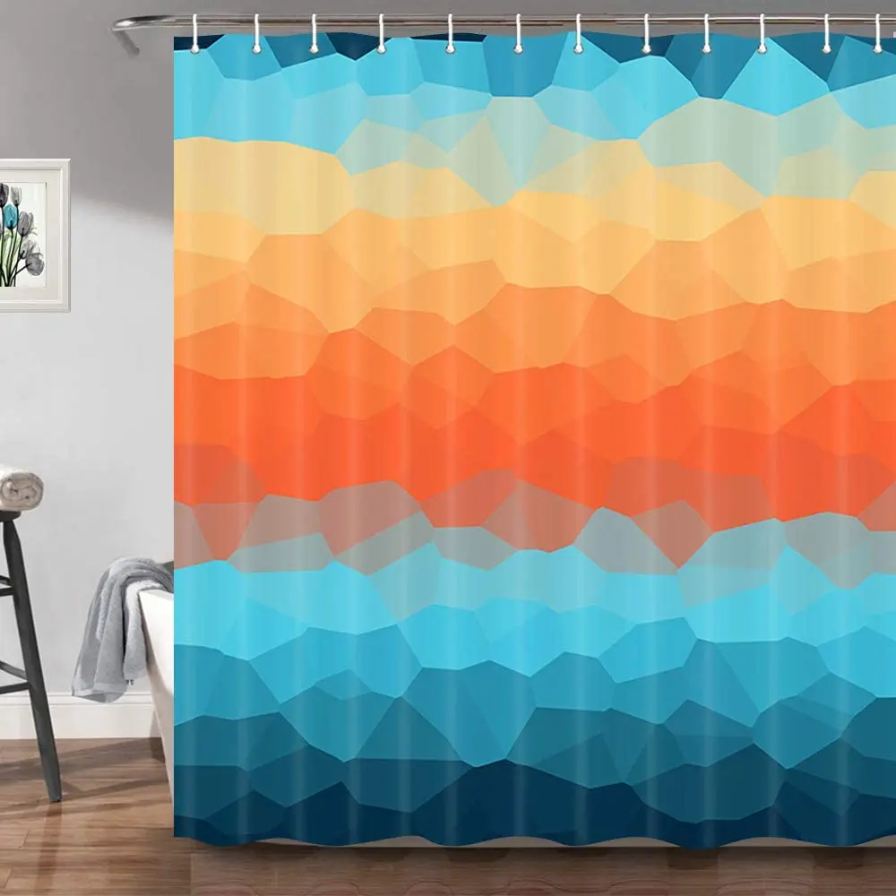 For Bathroom,gradient Color Design Geometric Art Polyester Fabric Bath Curtains With Hooks Teal/blue/orange