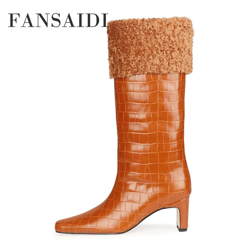 FANSAIDI Winter High Heels Square Toe Brown Consice Sexy Brown Gray Boots Ladies Boots New Knee High Boots 40 41 42 43 44 45