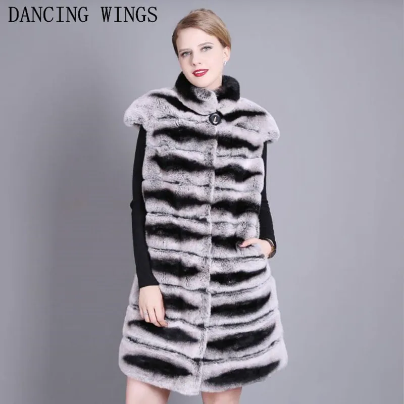 Enlarge 90CM Women Real Rex Rabbit Fur Vest Stand Collar Natural Chinchilla Color Rabbit Fur Waistcoat Sleeveless Jacket