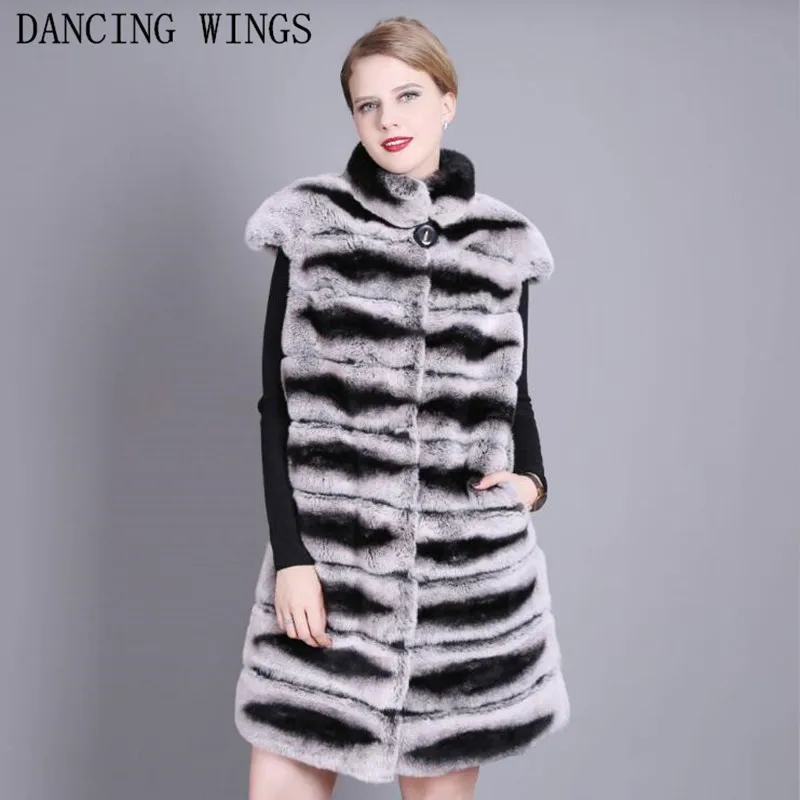 90CM Women Real Rex Rabbit Fur Vest Stand Collar Natural Chinchilla Color Waistcoat Sleeveless Jacket | Женская одежда