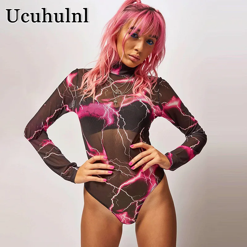 Модный женский комбинезон с принтом молнии осень 2019 сетчатый длинным рукавом