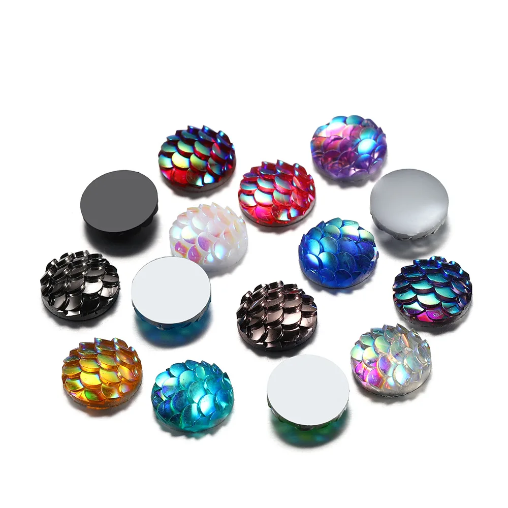 

50pcs 8mm 10mm 12mm Mix Colors Mermaid Fish Scale Flat back Rhinestone Round Cabochon Embellishment Scrapbook Gasket DIY Crafts