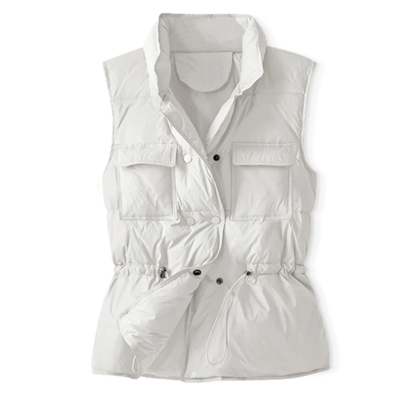 

Women Winter Lightweight Padded Buttons Vest Drawstring Waist Stand Collar Sleeveless Outerwear Puffer Jacket Waistcoat 85LB