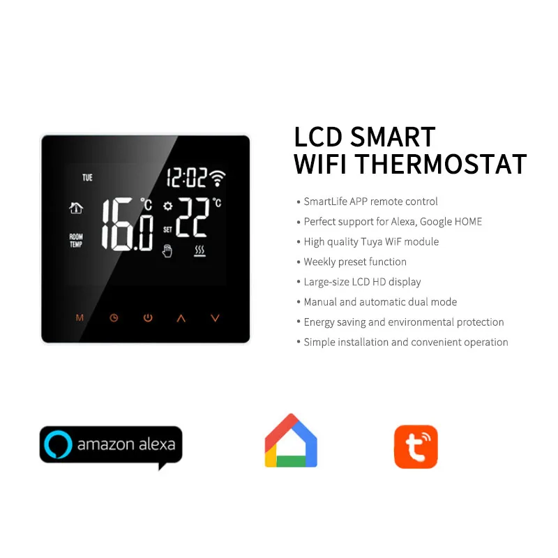 

2021 New Voice Control 16A Wi-Fi Smart Thermostat Digital Temperature APP Controller Programmable Large LCD Touch Screen Display