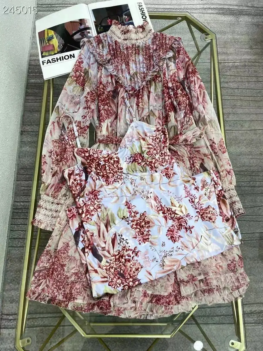 

2021 Autumn Fashion Runway Dress Women Long Sleeve Belt Luxury Floral print Vintage Holiday Knee-Length Dress