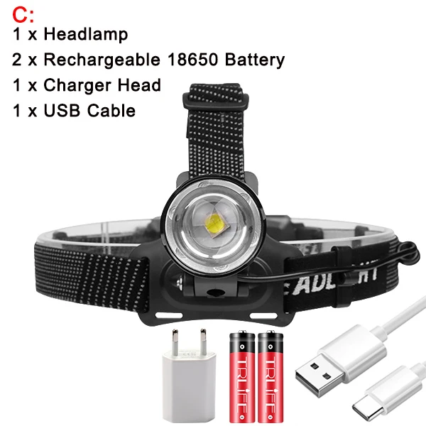 Package C Супер яркий светодиодный налобный фонарь XHP50 V6, налобный фонарь, Перезаряжаемый USB 18650, Фонарь для рыбалки и велосипеда - Испускаемый цвет: Package C