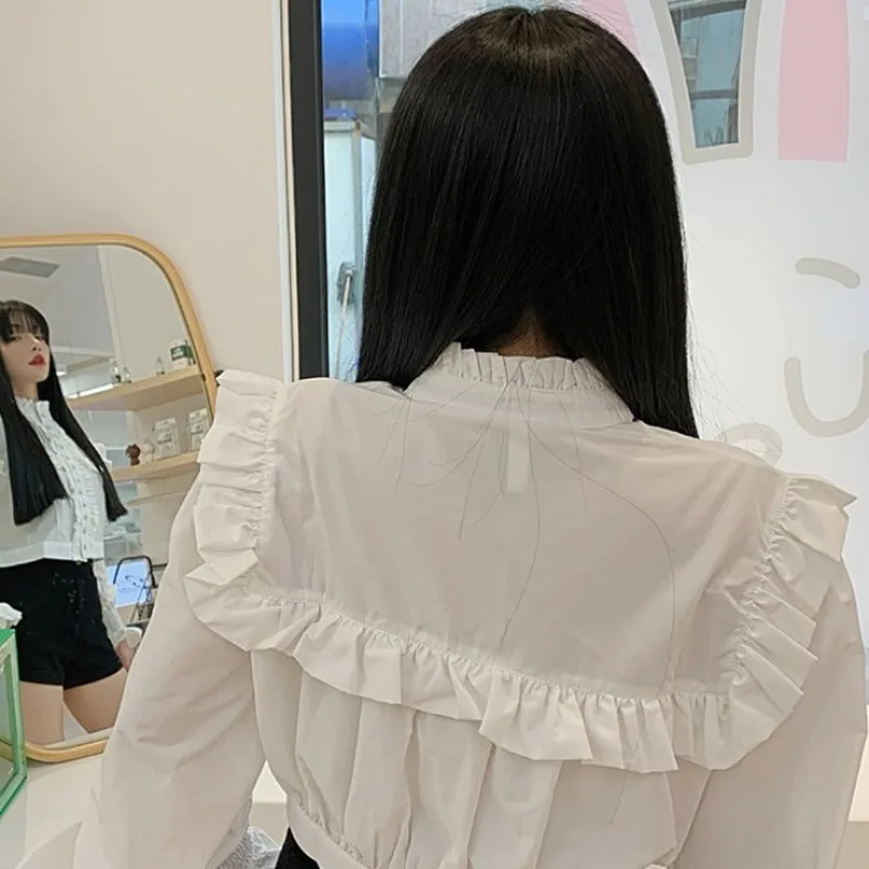 

KUSAHIKI Women Blouse Ruffle Elegant Korean Women Shirt 2021 Spring New Sweet Stand Neck Long Sleeve Blusas Mujer De Moda 6F255
