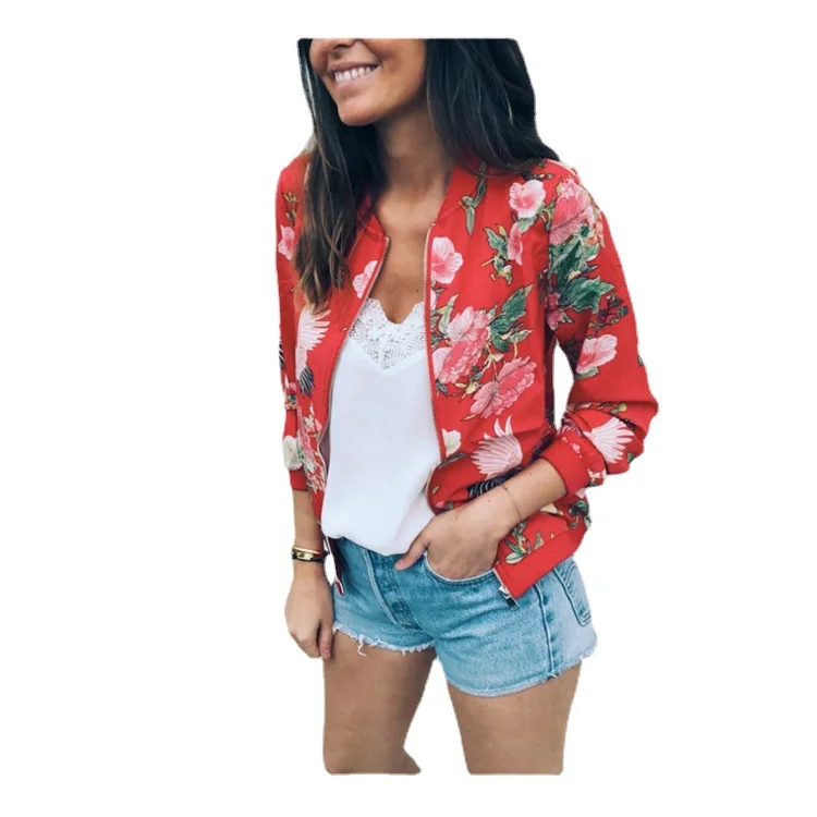 

European and American women's 2021 fall/winter fashion print round neck zipper long-sleeved jacket women
