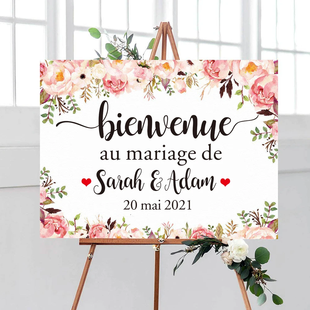 

French Wedding Mirror Vinyl Sticker Personalized Custom Bride Groom Names Date Wall Decals Wedding Welcome Sign Board