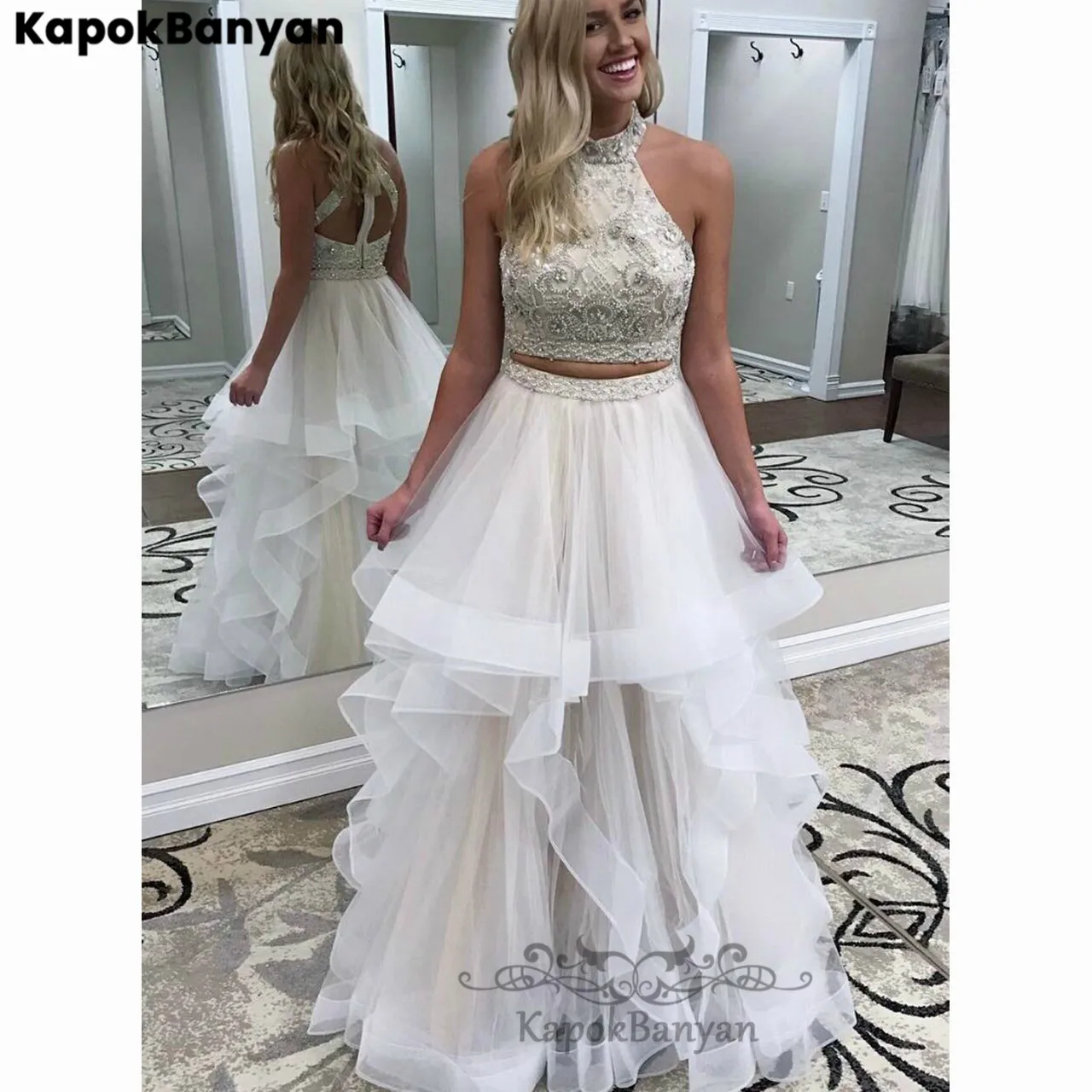 

Стразы бусины Двойка с лямкой на шее на молнии с рюшами платья из органзы для выпускного вечера Длинные вечерние платья