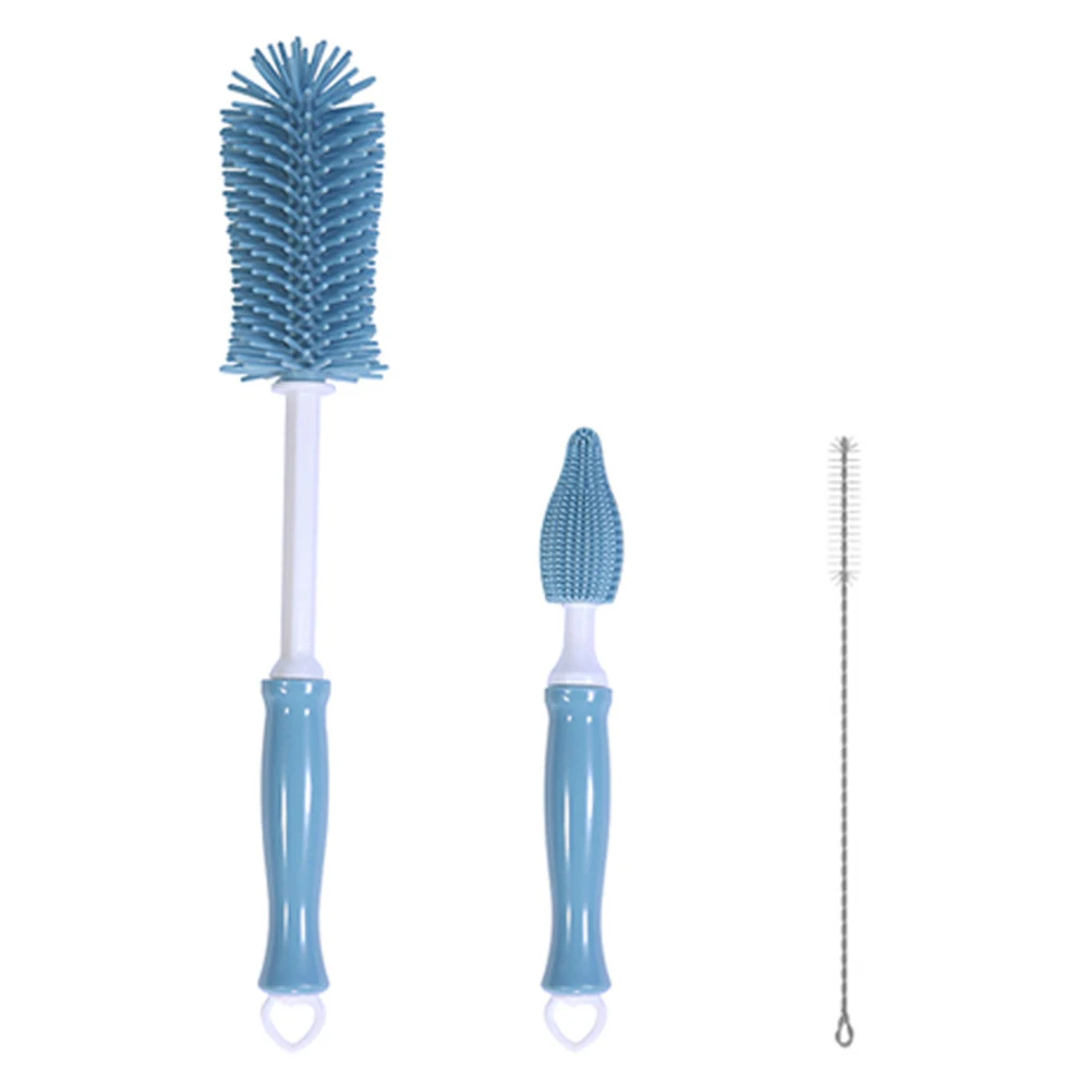 

3pcs/set Wall Hanging Portable Nipple Baby Bottle Cleaning Brush Removing Residues Long Handle Silicone Tool Straws Home Kitchen