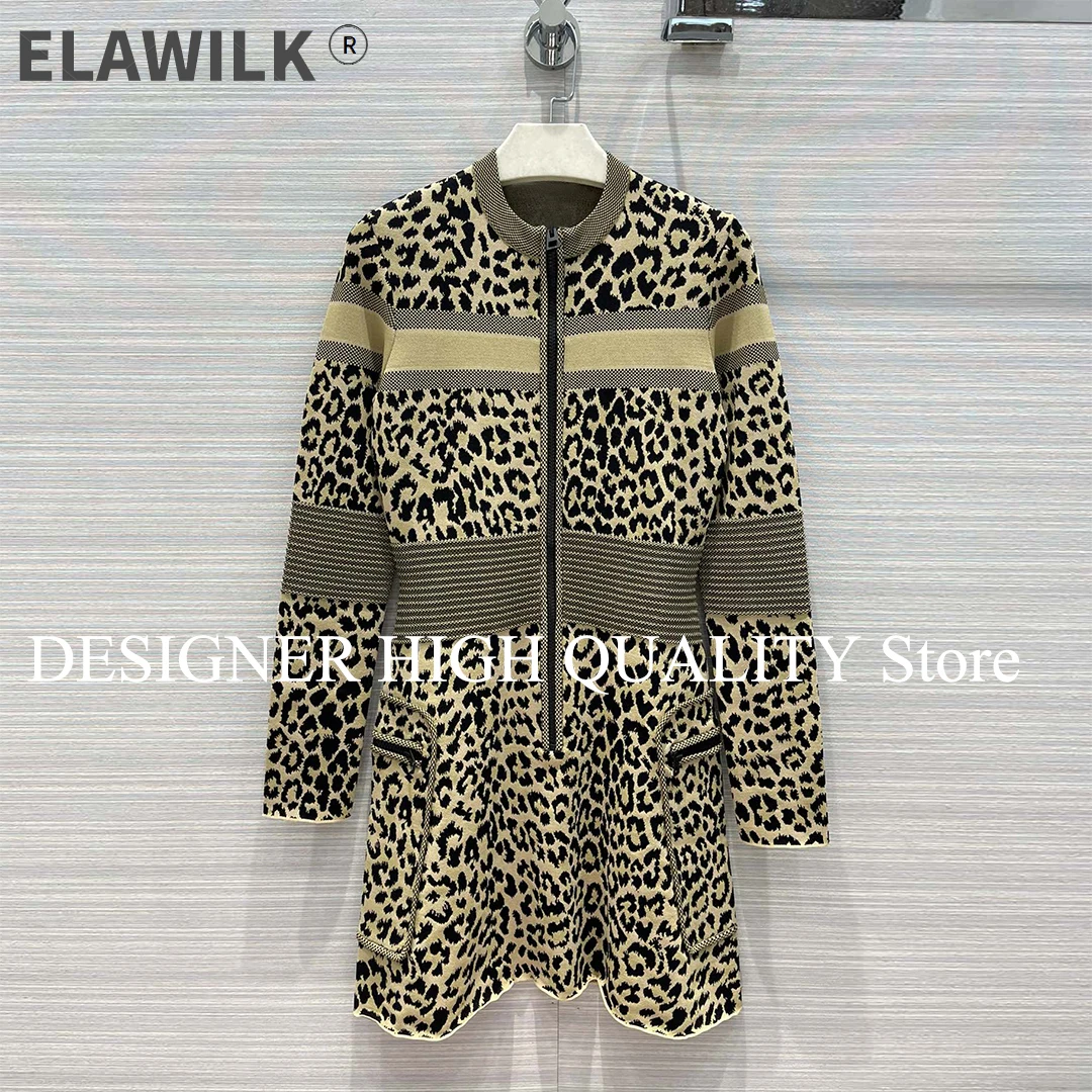 

Платье женское трикотажное с леопардовым принтом, с высокой талией, круглым вырезом и длинным рукавом