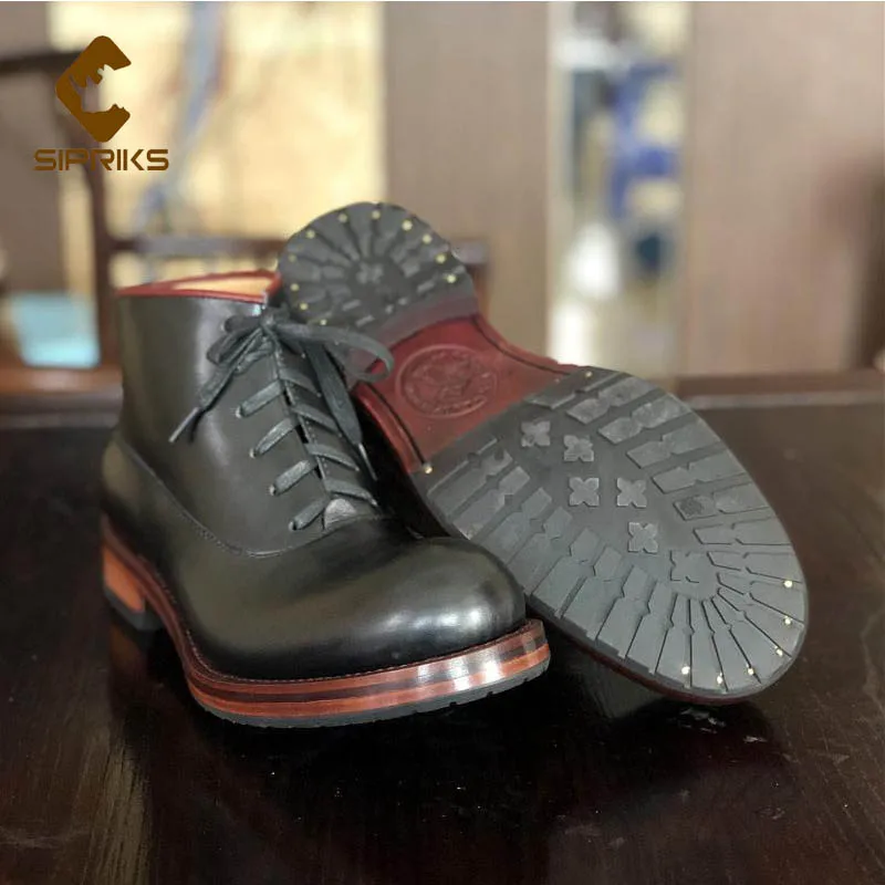 Sipriks Handmade Goodyear Welt Shoes Mens Calf Leather Ankle Boots Black Male Cowboy Boot High Top Lace Up Big Round Toe | Обувь