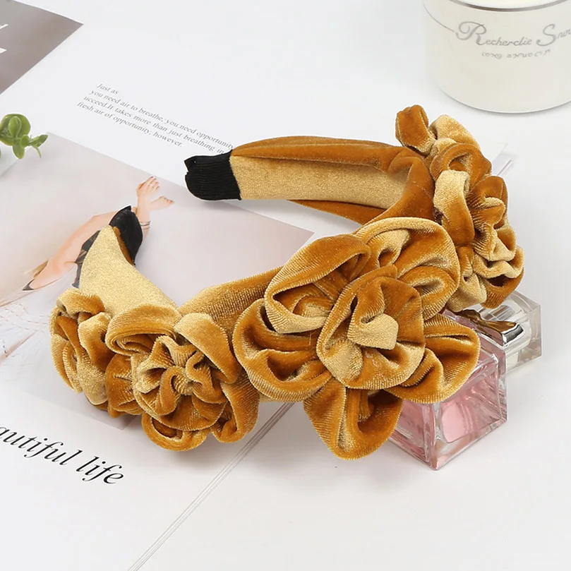 AWAYTR New Solid Color Peony Flower Velvet Hairband for Women Winter Headdress Ladies Ball Party Retro Fashion Accessories