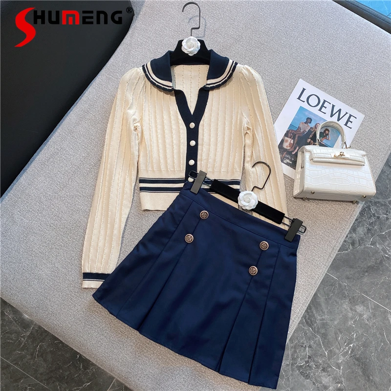 

Новинка Осень 2021, Модный милый трикотажный топ-поло в Корейском стиле, Женская плиссированная юбка средней длины с высокой талией, женские к...