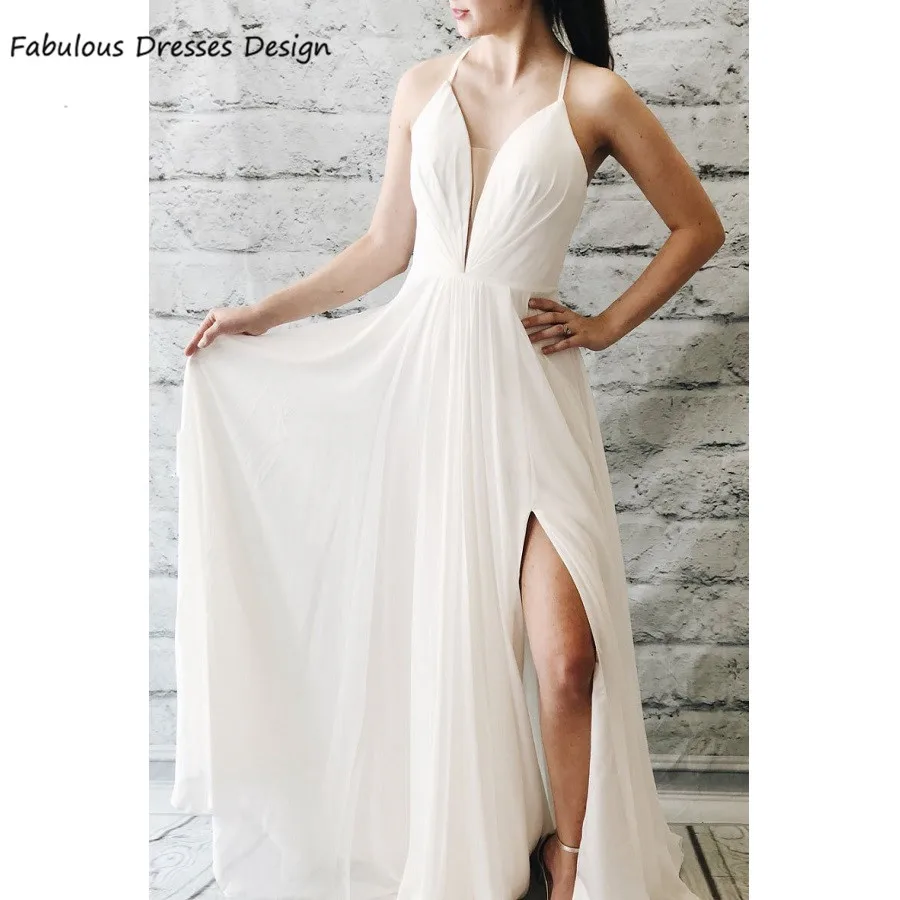 

Elegant White A Line Prom Dresses Long Halter Backless Split فساتين السهرة Chiffon 2021 Evening Dress Party For Women