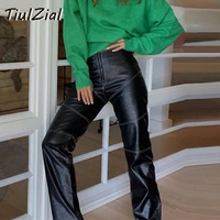 tiulzial pu fur leather high waist pants women patchwork zipper long trousers vintage capris straight pant bottom 2021 autumn