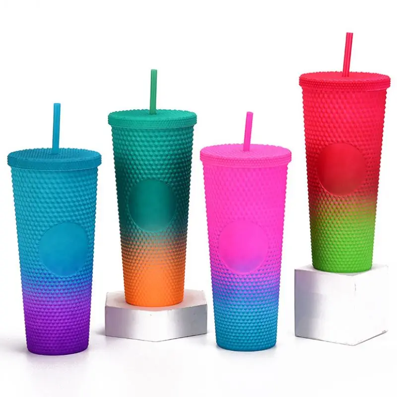 

Double Layer Coffee Mugs Creative Straw Cup 710ml Plastic Water Cup Mugs With Straw Drinkware Studded Tumbler Cups 2023