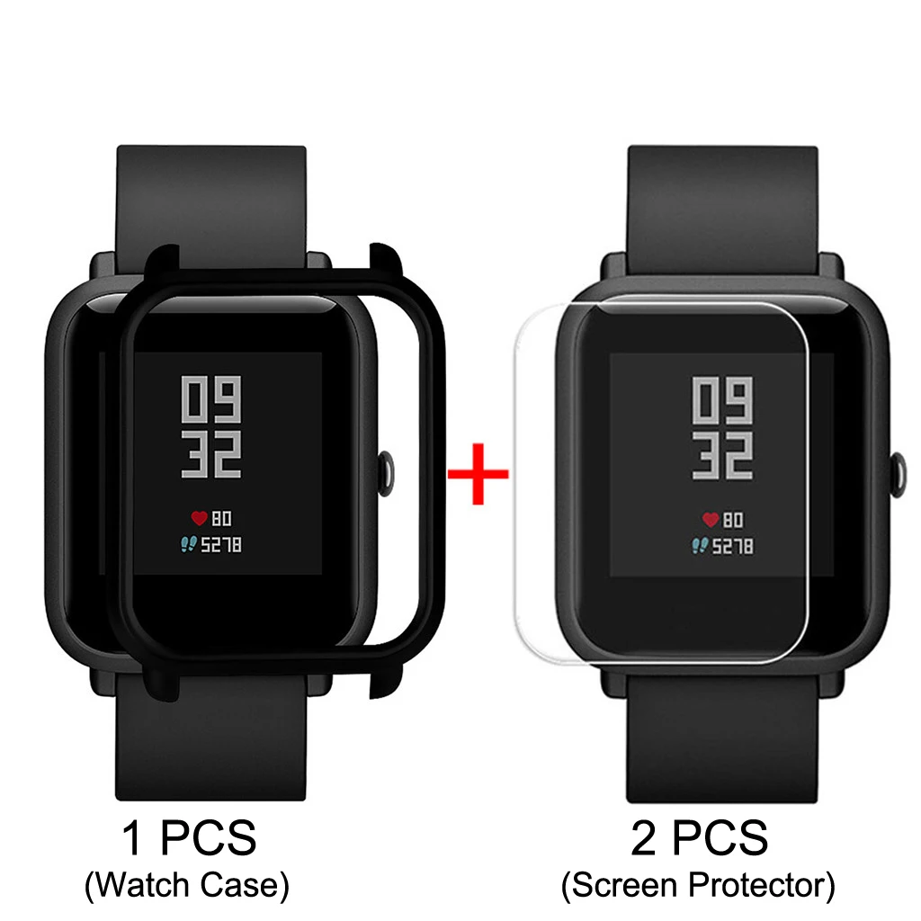 Черный Inasmile Стильный чехол+ 2 шт Защитная пленка для экрана для xiaomi correa amazfit bip ремень pulseira amazfit bip чехол Аксессуары - Цвет: Черный