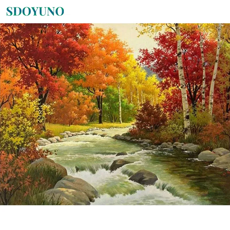 

SDOYUNO 60X75cm Oil Painting By Numbers Autumn creek Room Decoration Frameless Digital Canvas Painting DIY pictures by numbers