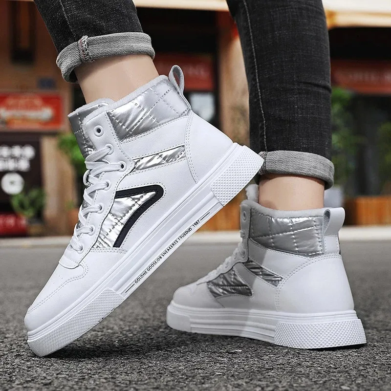 

New Winter Men High-top Walking Shoes Black White Plush Warm Casual Shoes Comfortable PU Leather Outdoor Sneakers Size 39-44
