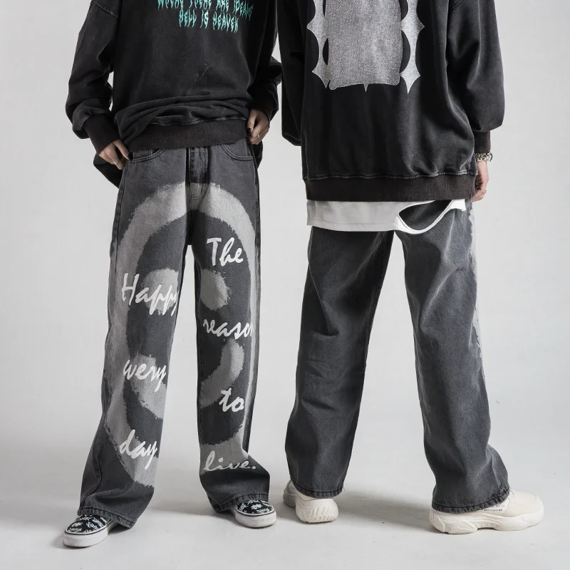 Высокая Улица граффити печатных джинсовые брюки мужские прямые молнии хип хоп