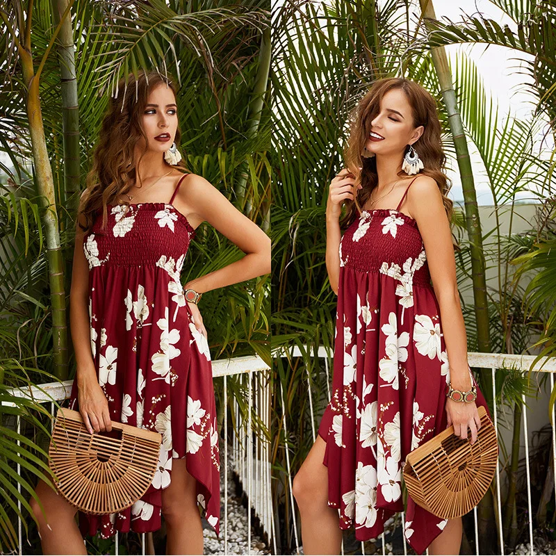 Летнее платье в богемном стиле с высокой талией скольжения Обёрточная бумага Для